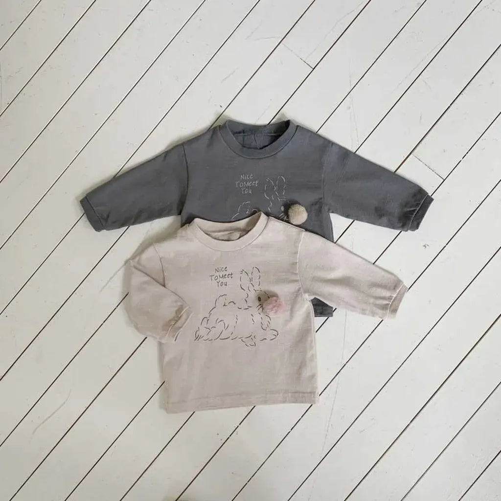 長袖Tシャツ ぽんぽん付きうさぎプリント長袖スウェットシャツ【mh0011197】