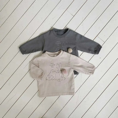 長袖Tシャツ ぽんぽん付きうさぎプリント長袖スウェットシャツ【mh0011197】