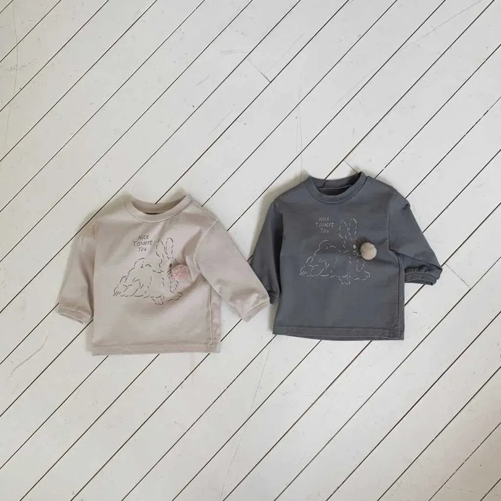 長袖Tシャツ ぽんぽん付きうさぎプリント長袖スウェットシャツ【mh0011197】