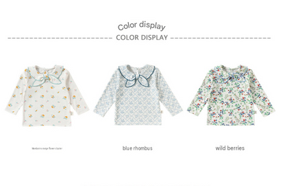 色展開3点：丸襟リボンの長袖Tシャツ（白・水色幾何柄・多色花柄）