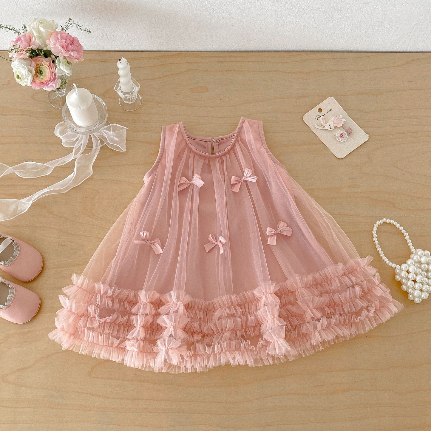 Tulle Bow Mesh Princess Dress チュール リボン ノースリーブ ワンピース【mh0012709】 angou ノースリーブワンピース