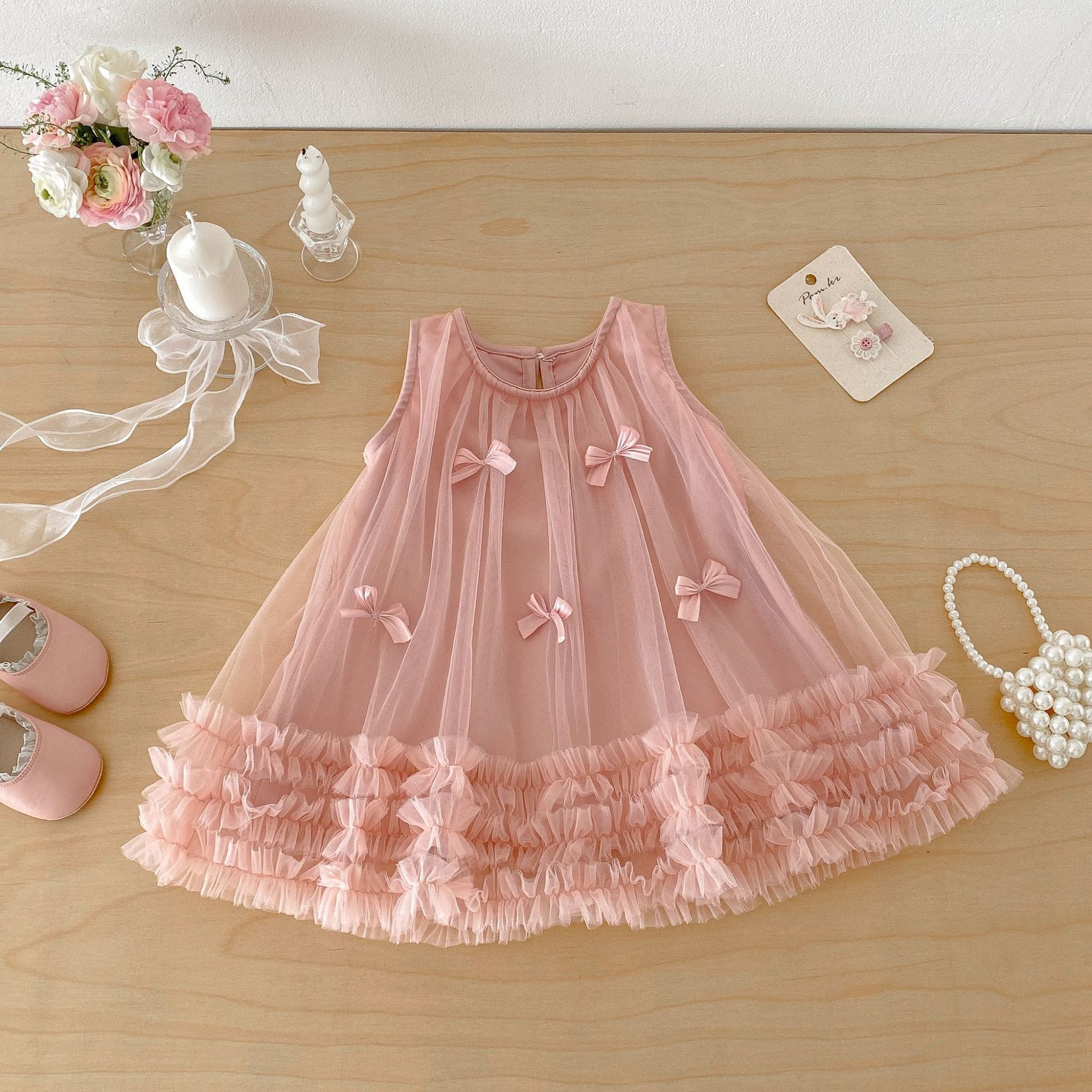 Tulle Bow Mesh Princess Dress チュール リボン ノースリーブ ワンピース【mh0012709】 angou ノースリーブワンピース