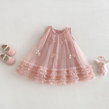 Tulle Bow Mesh Princess Dress チュール リボン ノースリーブ ワンピース【mh0012709】 Pink / 90cm angou ノースリーブワンピース