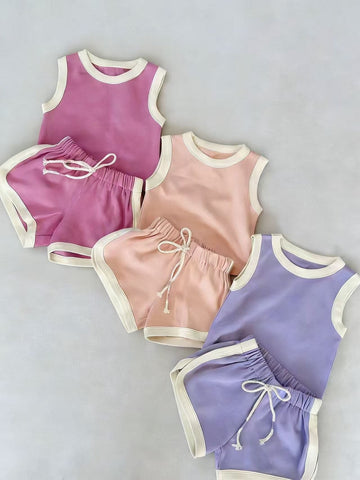 Two-Piece Sporty Casual Tank Top Shorts Set バイピング タンクトップ ショートパンツ セット【mh0013278】 yi nian ni ノースリーブセットアップ