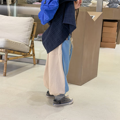 バイカラーのスウェットパンツ、ライトブルー×クリーム切替、ウエスト紐