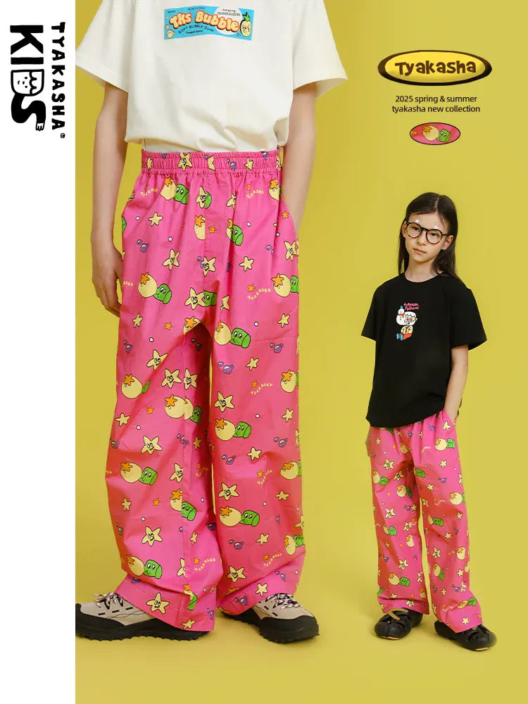 ロングパンツ・スウェットパンツ TYAKASHA KIDS カラフルプリントピンクロングルーズパンツ【mh0010088】