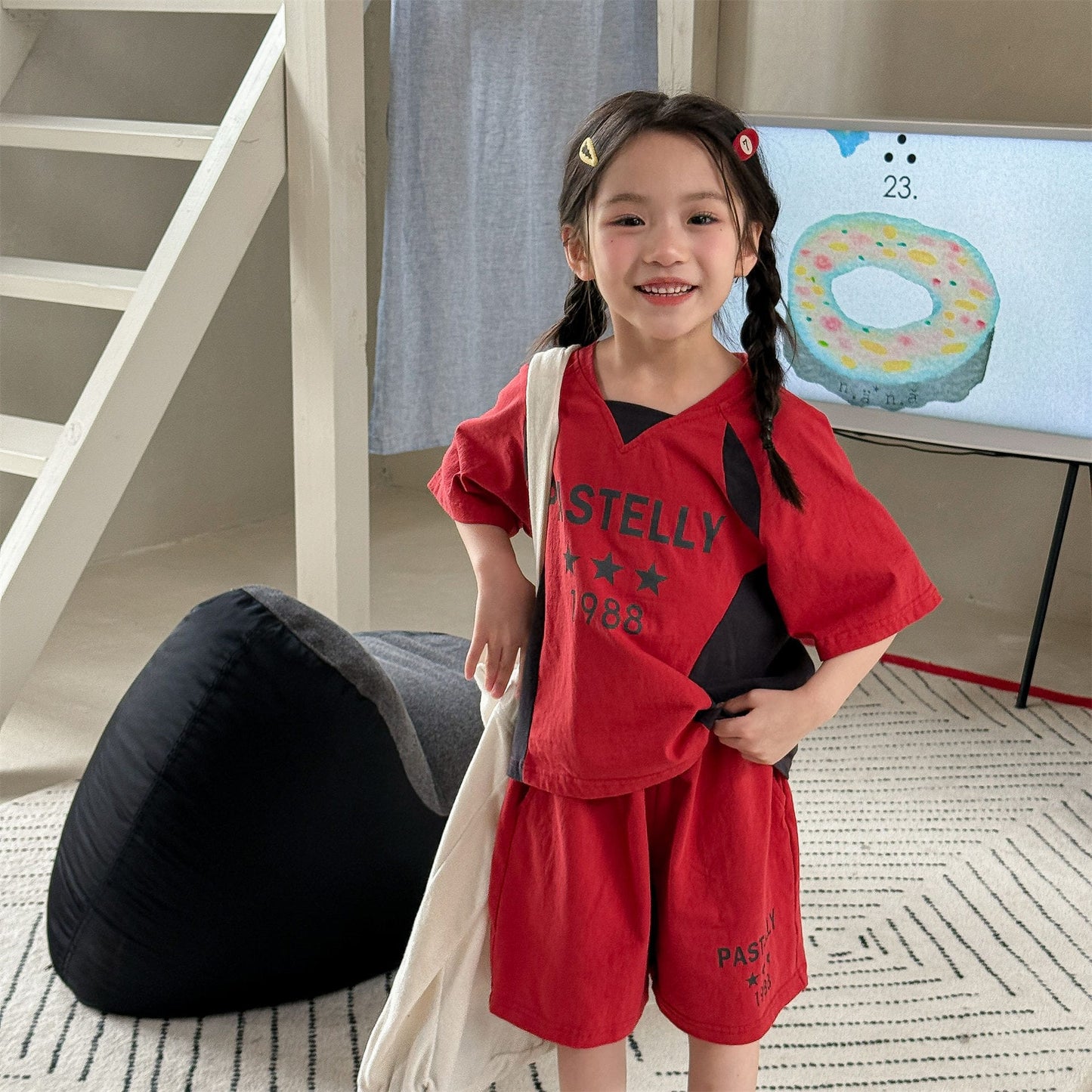 ロゴ Vネック 半袖Tシャツ ショートパンツ セット ストリート【mh0013709】 ADbaby 半袖セットアップ