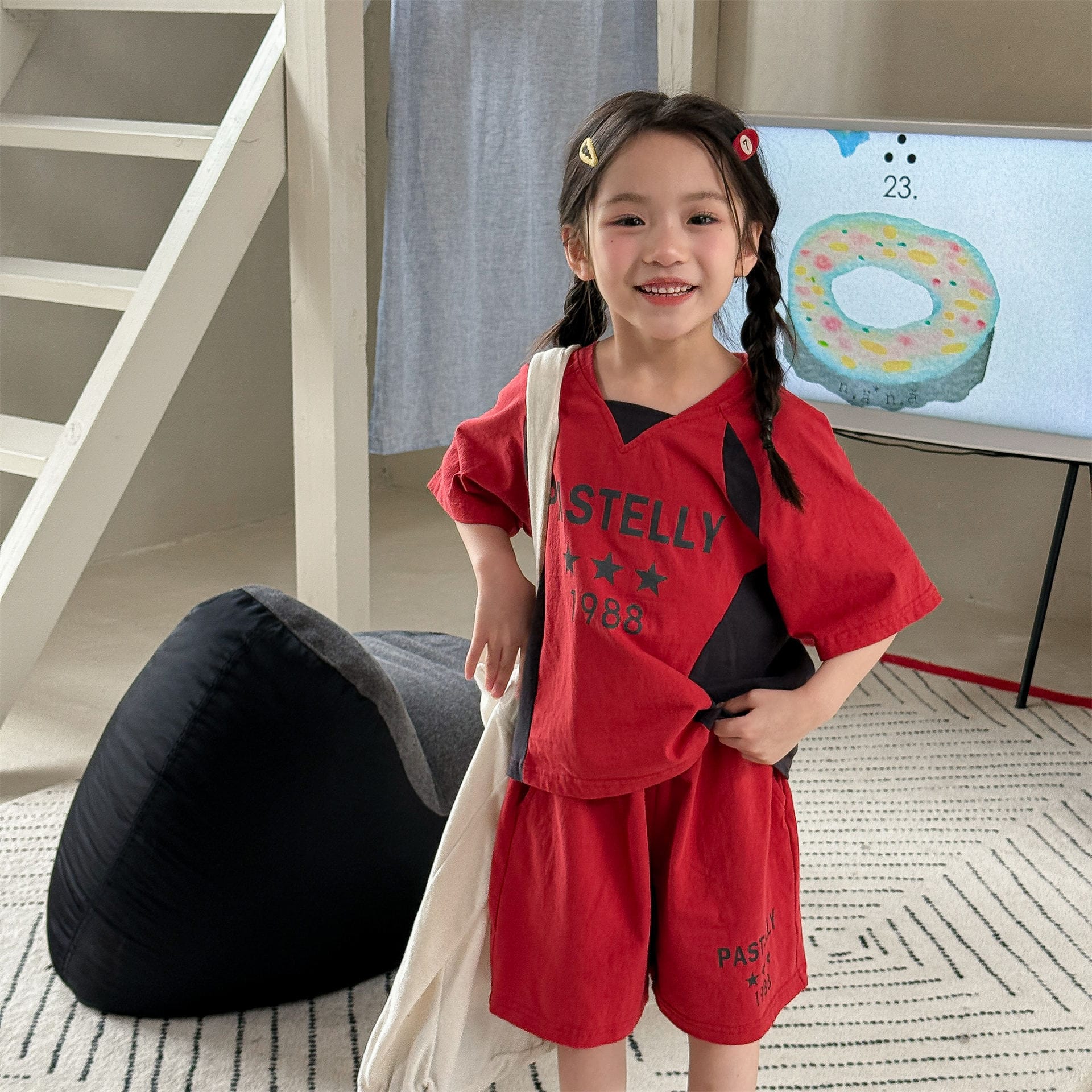 ロゴ Vネック 半袖Tシャツ ショートパンツ セット ストリート【mh0013709】 ADbaby 半袖セットアップ