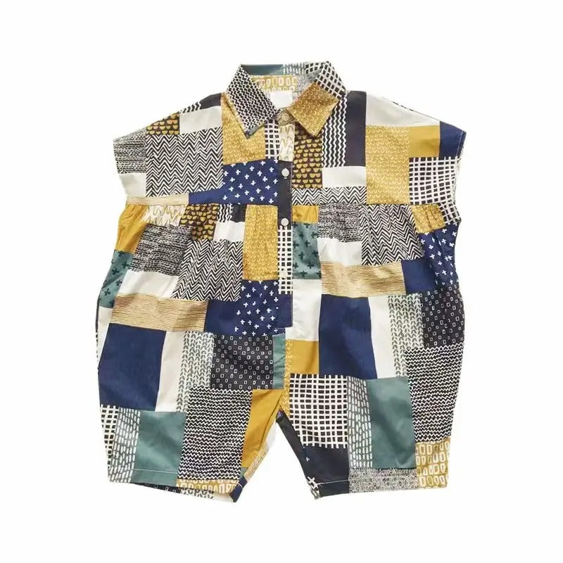 -キッズジャンプスーツ シャツつなぎ チェック パッチワーク ルーズスタイル - mamahalo shop - 半袖ジャンプスーツ -  べビー服 - 子供服 - 男の子 - 女の子