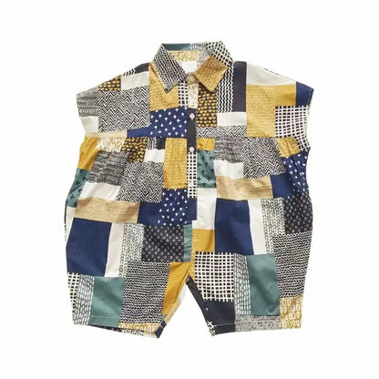 -キッズジャンプスーツ シャツつなぎ チェック パッチワーク ルーズスタイル - mamahalo shop - 半袖ジャンプスーツ -  べビー服 - 子供服 - 男の子 - 女の子