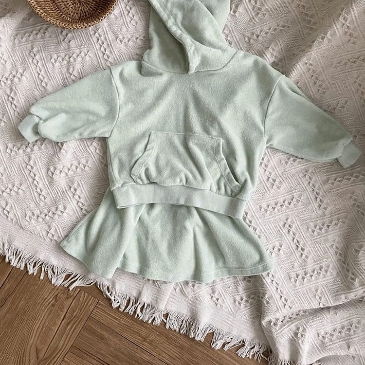 Velvet Hooded Top & Skirt Set ベルベット フーディトップス＆スカート セット【mh0012689】 Light Green / 73cm BBAMMA 長袖セットアップ