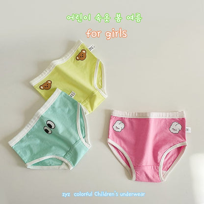子ども用ショーツ3枚セット、くま・パンダ柄の黄緑/ミント/ピンク