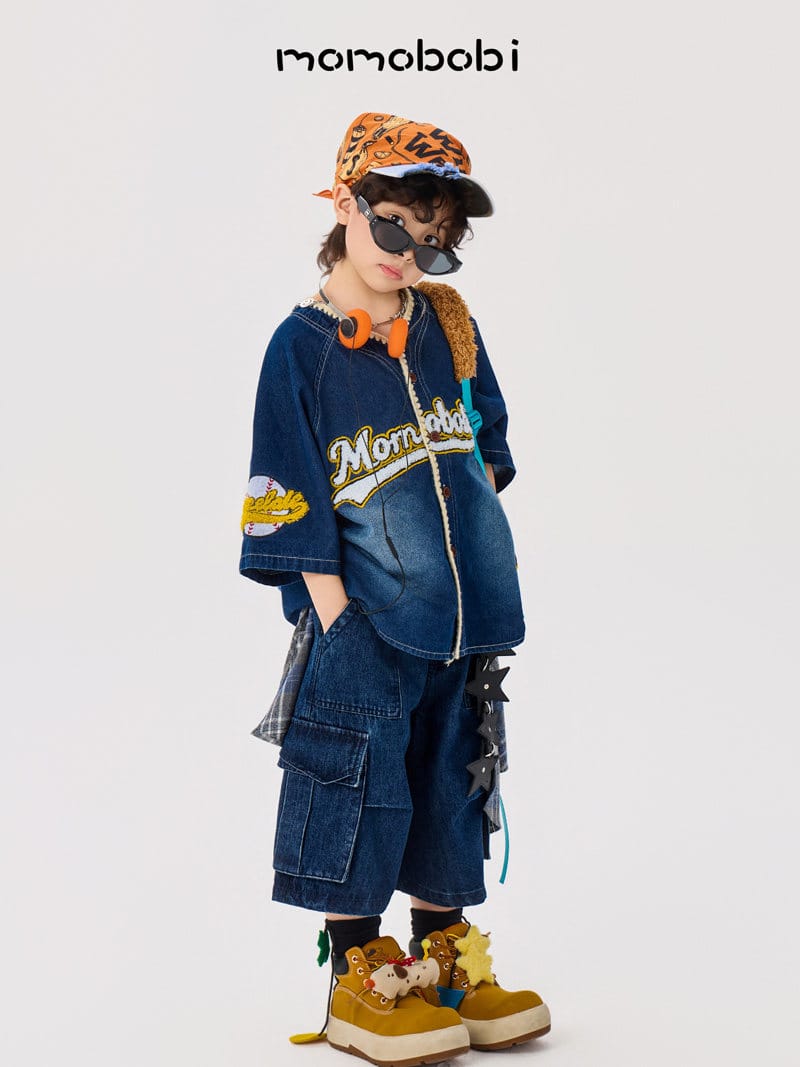 Vintage Baseball Denim Shirt Half Pants デニム ベースボールシャツ ハーフパンツ【mh0012999】 momobobi 半袖セットアップ