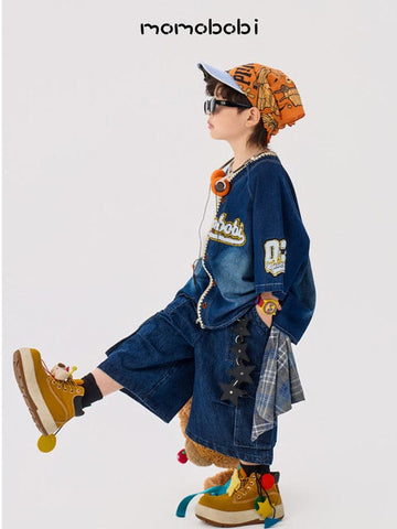 Vintage Baseball Denim Shirt Half Pants デニム ベースボールシャツ ハーフパンツ【mh0012999】 momobobi 半袖セットアップ