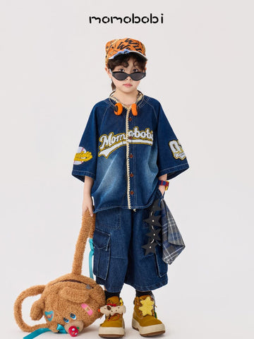 Vintage Baseball Denim Shirt Half Pants デニム ベースボールシャツ ハーフパンツ【mh0012999】 momobobi 半袖セットアップ
