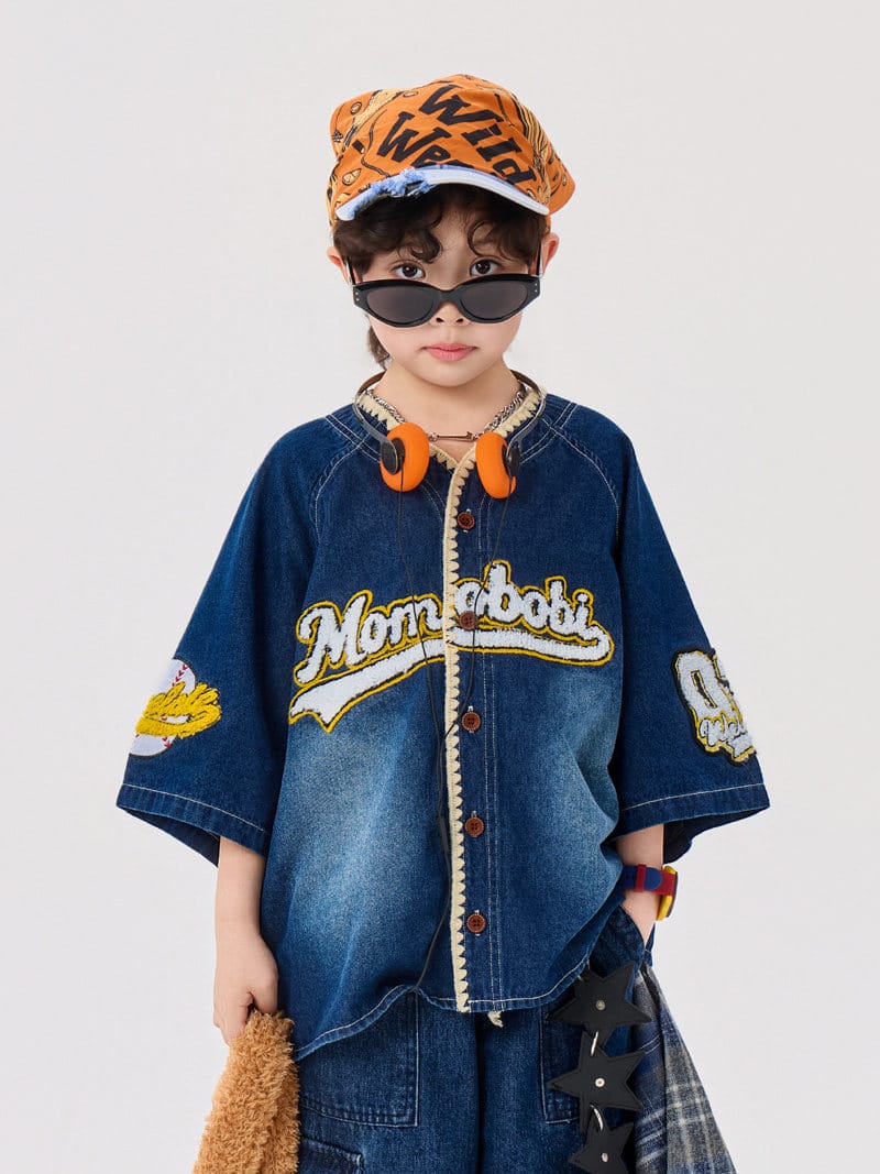 Vintage Baseball Denim Shirt Half Pants デニム ベースボールシャツ ハーフパンツ【mh0012999】 Tops / 90cm momobobi 半袖セットアップ