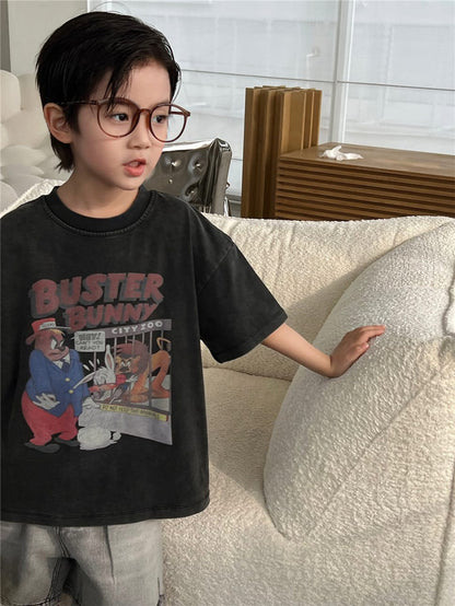 ダークグレー半袖Tシャツ、バニーアニマルのフロントアートプリント