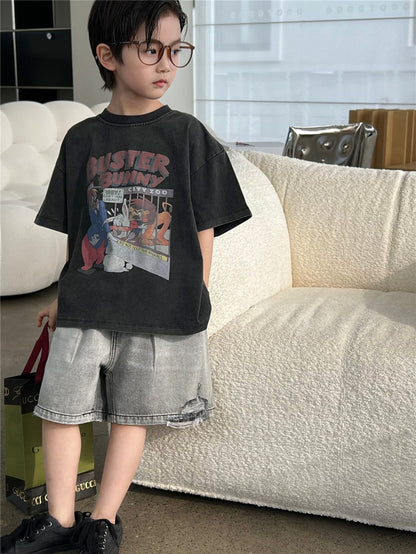 ダークグレー半袖Tシャツ、バニーアニマルのフロントプリント
