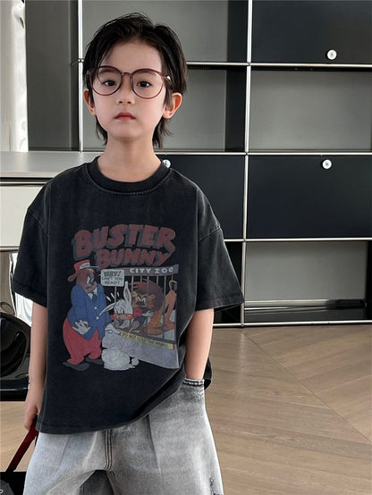 ダークグレーの半袖Tシャツ、フロントにバニーのビンテージ風プリント