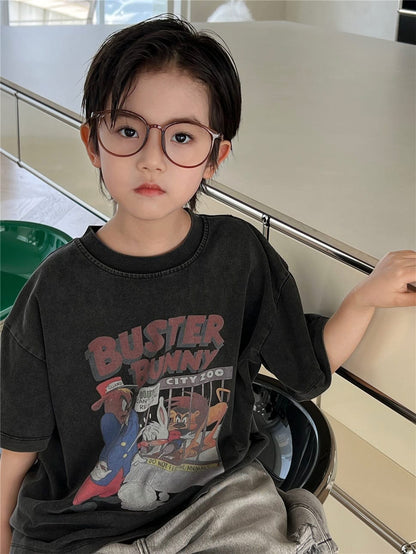 ダークグレー半袖Tシャツ、正面のバニー&動物ロゴプリント