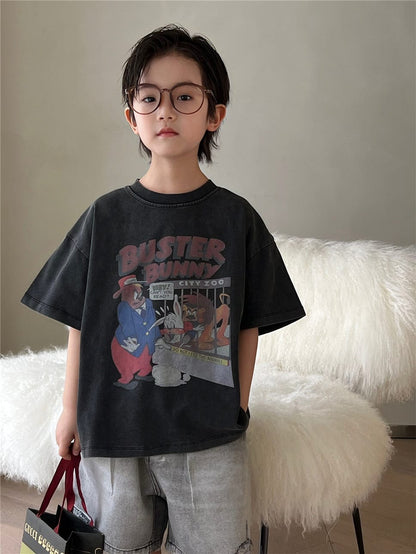 ダークグレー半袖Tシャツ、フロントにカラフルなバニー&動物プリント