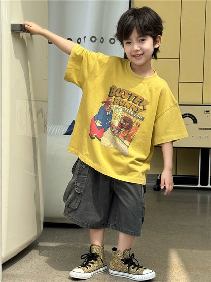 イエロー半袖Tシャツ、バニー風デザインのフロントプリント