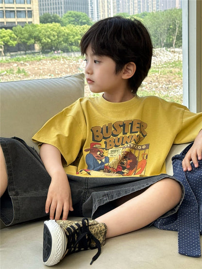 イエローの半袖Tシャツ、バニー風イラストのフロントプリント