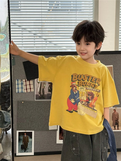 イエローの半袖Tシャツ、バニー風アニマルのカラフルプリント