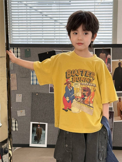 イエロー半袖Tシャツ、フロントに「BUSTER BUNNY」風プリント