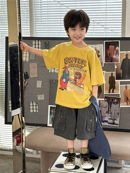 イエローの半袖Tシャツ、胸中央にバニー風ポップアートプリント