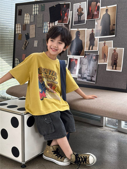 イエローの半袖Tシャツ、フロントにバニー風アニマルプリント