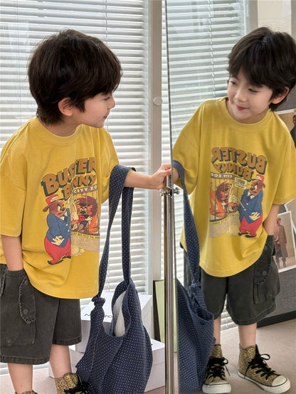 イエローカラーの半袖Tシャツ、バニー風アニマル柄のフロントプリント