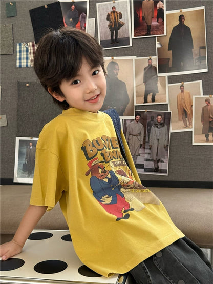 イエローの半袖Tシャツ、バニー風キャラクターの大きなフロントプリント