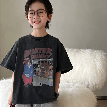 ダークグレー半袖Tシャツ、バニー風キャラクター＆ロゴ風文字のプリント