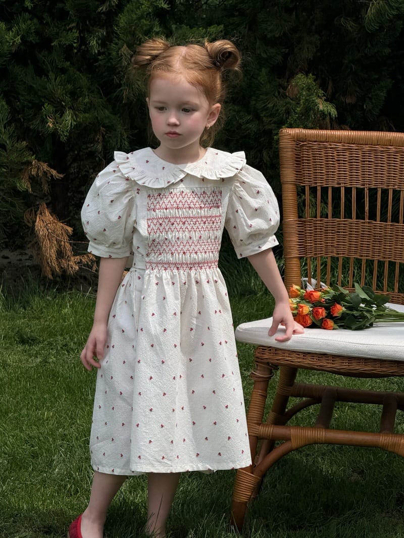 Vintage Cherry Embroidered Sleeve Dress フレンチ 半袖ワンピース【mh0013237】 Chengle 半袖ワンピース