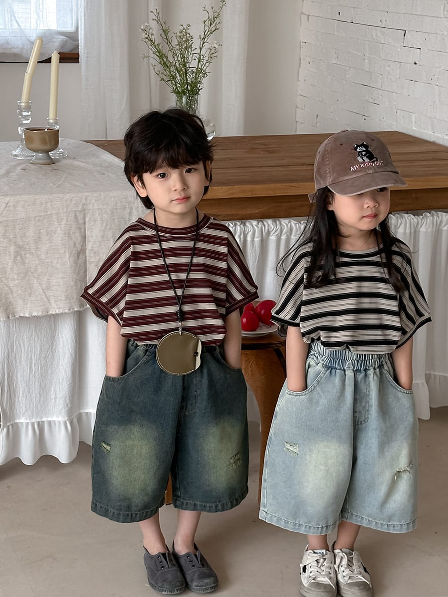 Vintage Distressed Wide Denim Capris ヴィンテージ ハーフデニムパンツ【mh0013462】 Jiaye Kids ハーフパンツ・ショートパンツ