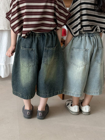 Vintage Distressed Wide Denim Capris ヴィンテージ ハーフデニムパンツ【mh0013462】 Jiaye Kids ハーフパンツ・ショートパンツ