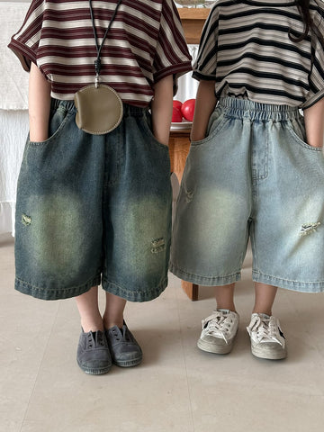 Vintage Distressed Wide Denim Capris ヴィンテージ ハーフデニムパンツ【mh0013462】 Jiaye Kids ハーフパンツ・ショートパンツ