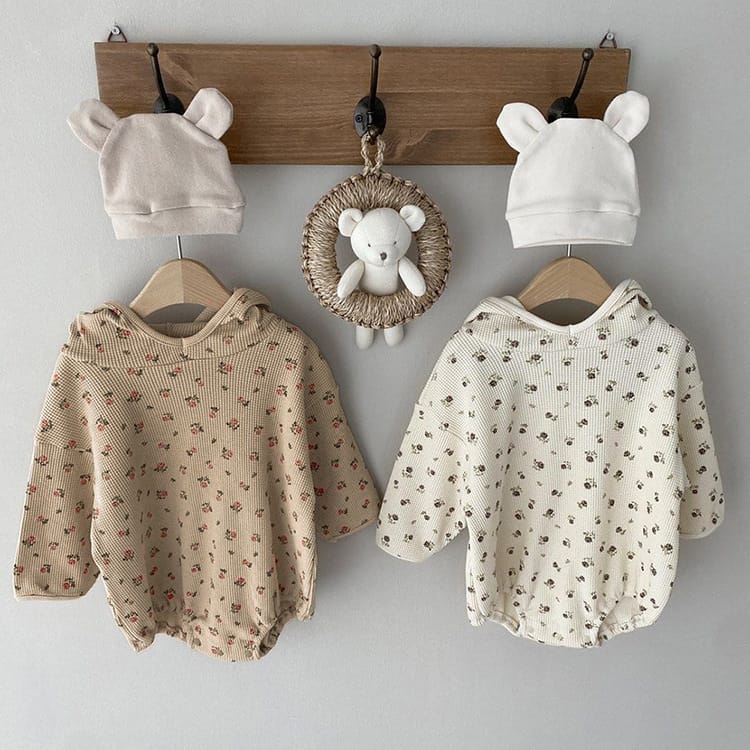Vintage Floral Waffle Romper 小花柄 ワッフル フード付き ロンパース【mh0012692】 BBAMMA 長袖ロンパース