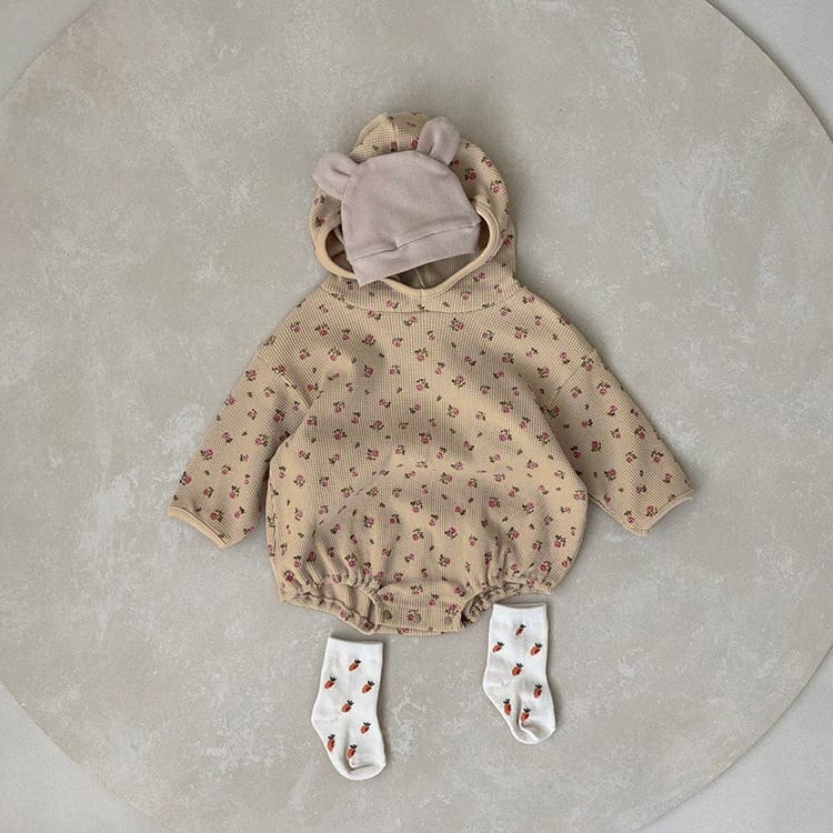 Vintage Floral Waffle Romper 小花柄 ワッフル フード付き ロンパース【mh0012692】 BBAMMA 長袖ロンパース