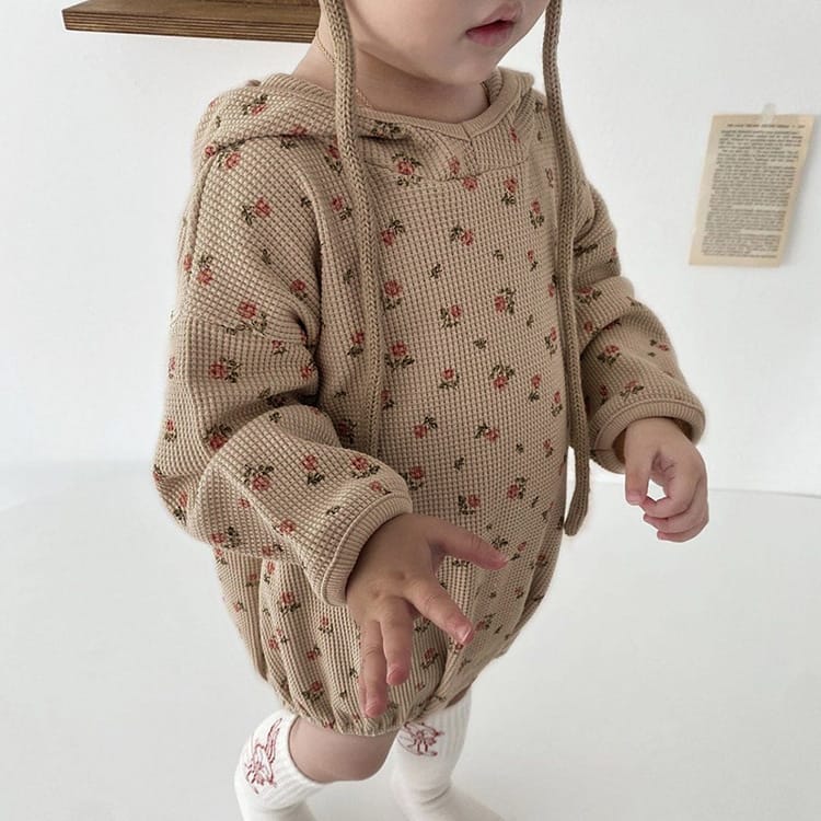 Vintage Floral Waffle Romper 小花柄 ワッフル フード付き ロンパース【mh0012692】 BBAMMA 長袖ロンパース