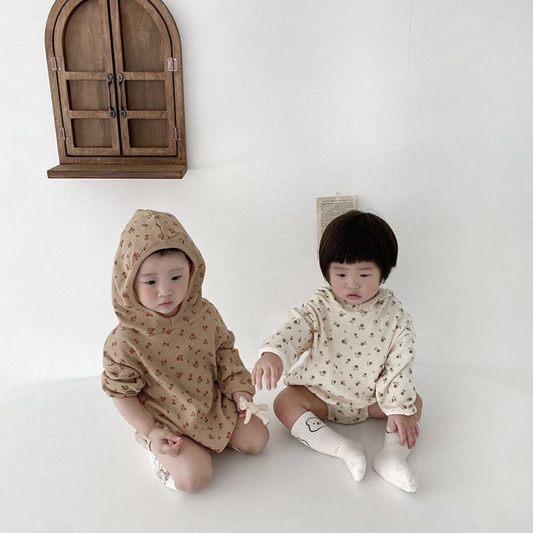 Vintage Floral Waffle Romper 小花柄 ワッフル フード付き ロンパース【mh0012692】 BBAMMA 長袖ロンパース