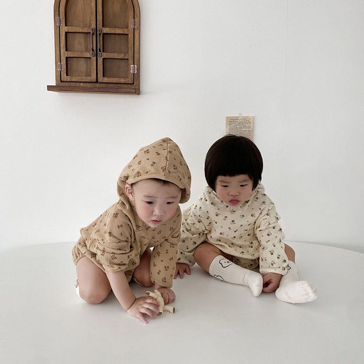 Vintage Floral Waffle Romper 小花柄 ワッフル フード付き ロンパース【mh0012692】 BBAMMA 長袖ロンパース