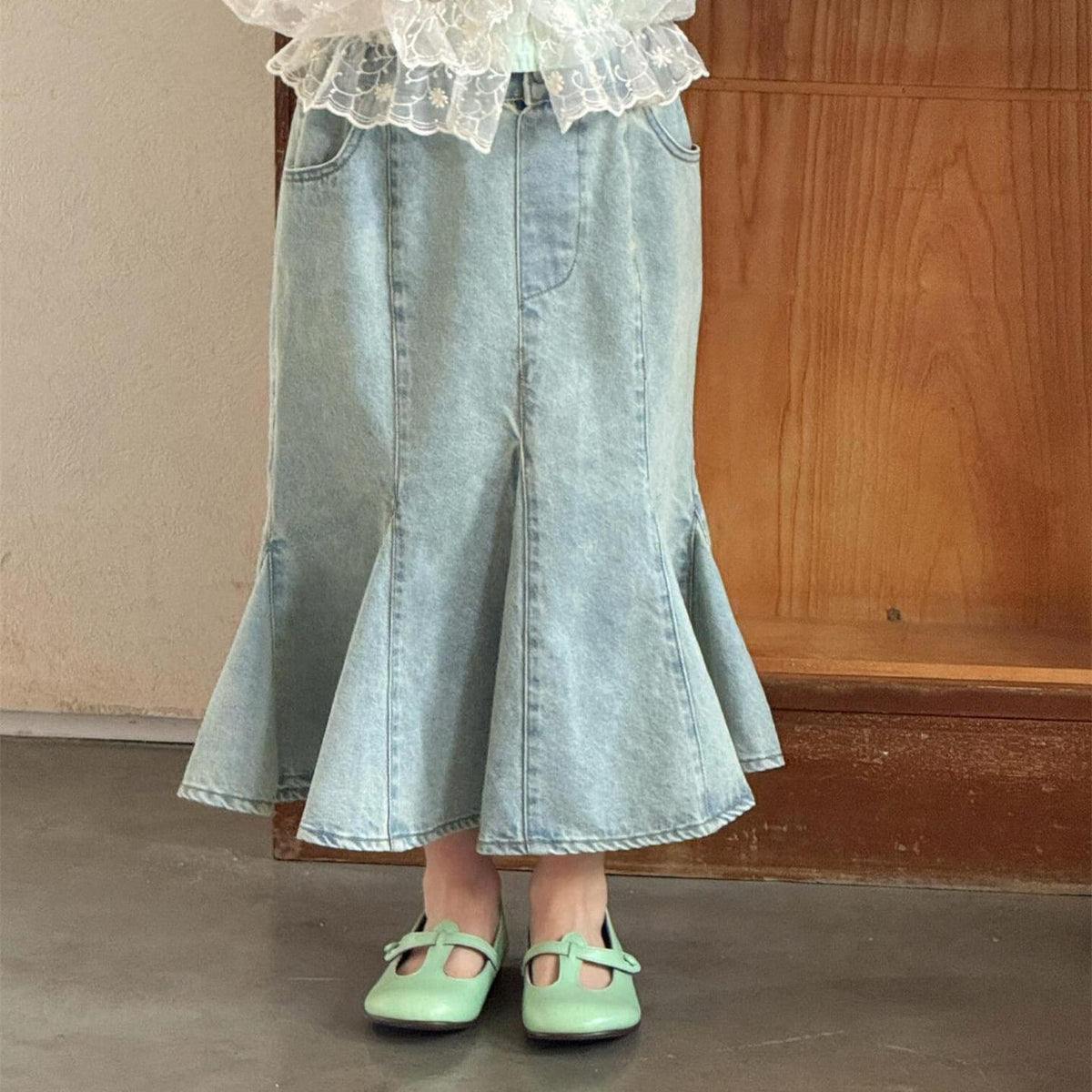 Vintage Wash Denim Skirt チューリップ ロングスカート【mh0012882】 Light Blue / 90cm Jianzidan スカート