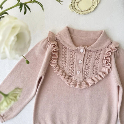 長袖シャツ・ブラウス キッズトップス ニット 長袖ブラウス フ襟付きフリルカットソー  ピンク/ベージュ/2カラー【mh0004497】