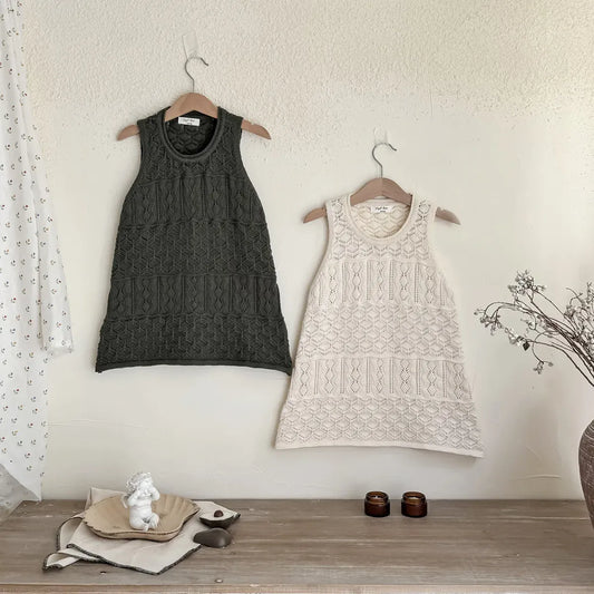 ノースリーブワンピース キッズワンピース レースニット透け感重ね着ノースリーブオーバーワンピース 2カラー【mh0006740】