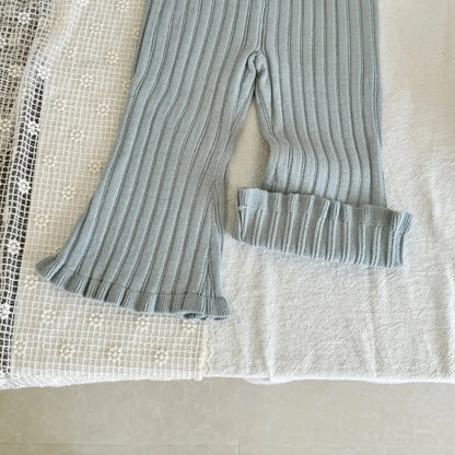 レギンスパンツ キッズパンツ 太リブニットフレアレギンスパンツ 無地/ボーダー 3カラー【mh0006741】