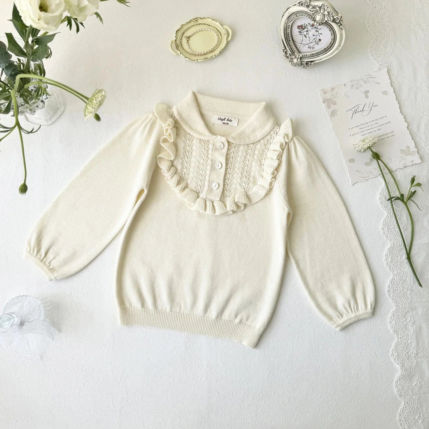 長袖シャツ・ブラウス Beige / 2T (90) キッズトップス ニット 長袖ブラウス フ襟付きフリルカットソー  ピンク/ベージュ/2カラー【mh0004497】