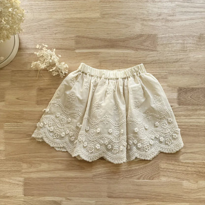 スカート beige / 2T- 90 キッズスカート フラワープリント/刺繍スカラップレーススカート【mh-0008933】