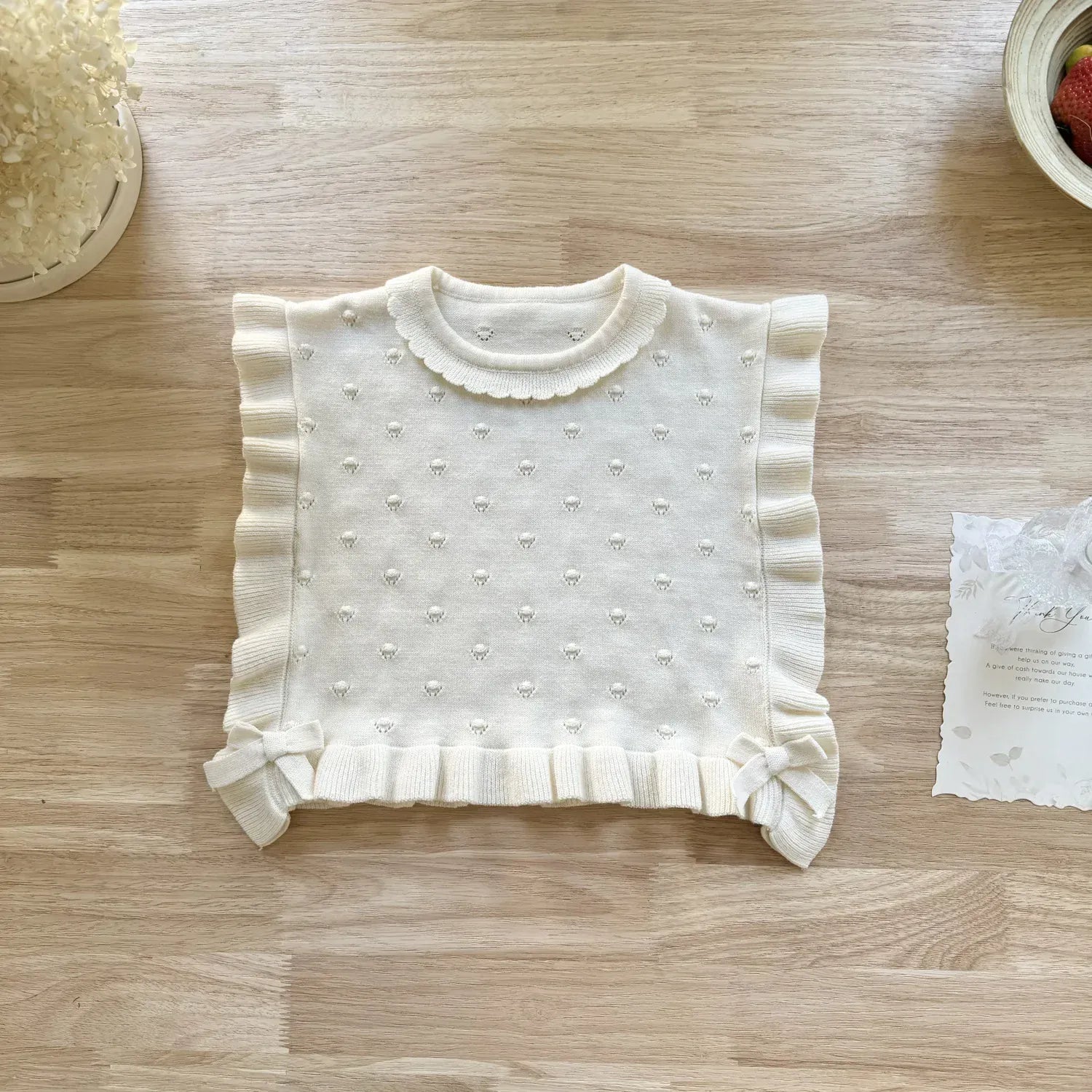 ベスト Beige / 2T - 90 キッベスト フリルリボンニットショールビブベスト【mh0008930】